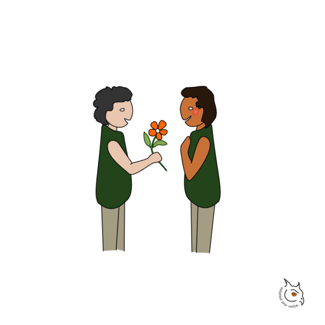 iemand geeft een bloem aan een ander